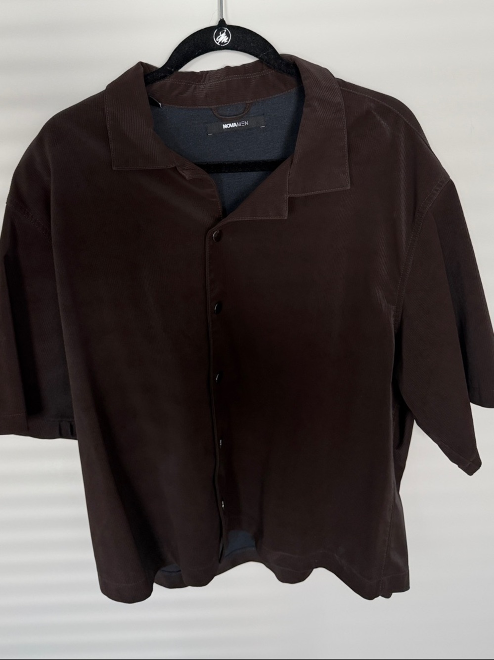 Faux Leather Men’s Ribbed Short-Sleeve Brown Button-Up Shirt